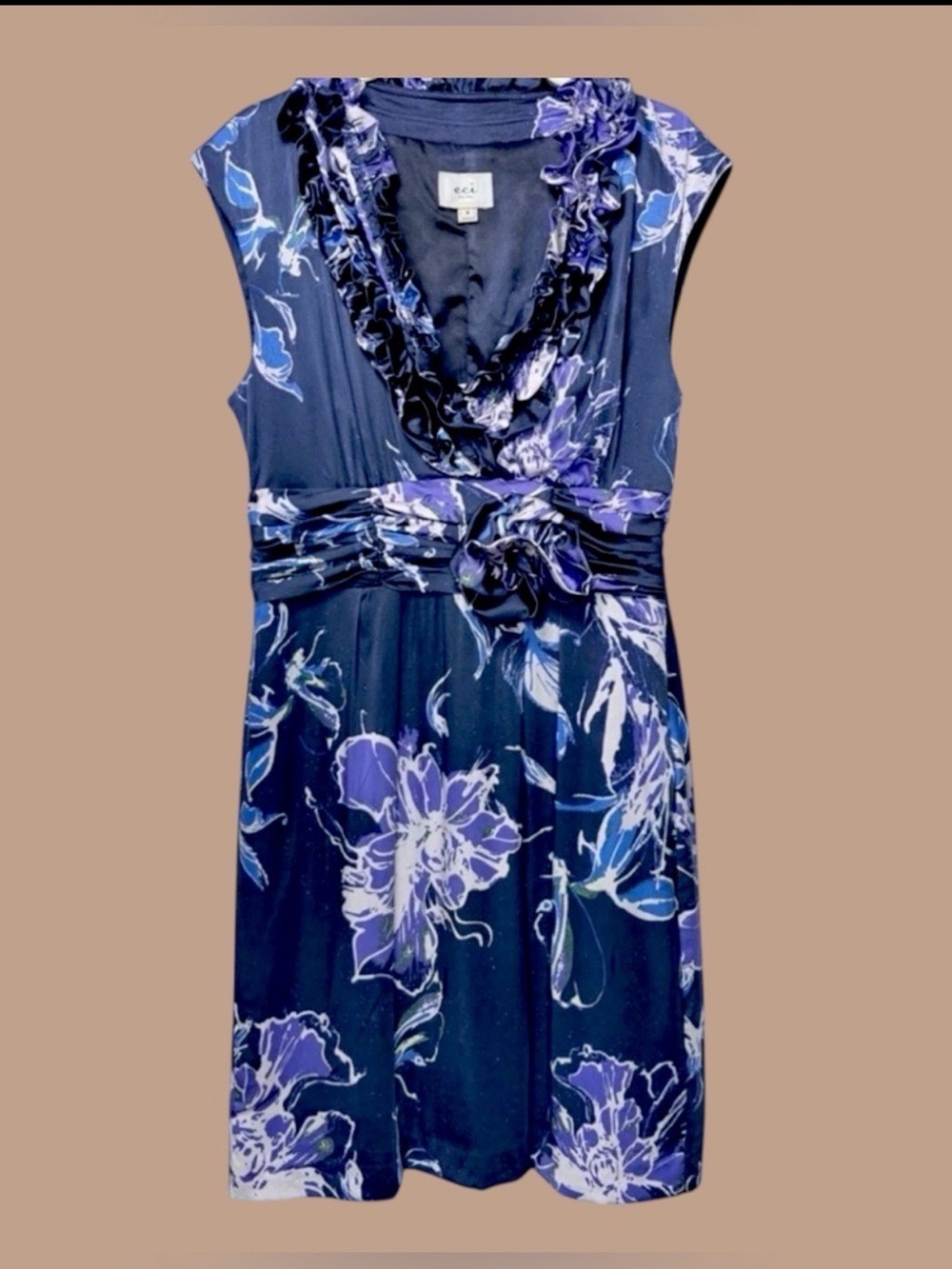 ECI NY Silk Satin Floral Rosette Dress 8 Midnight Blue Y2K Dark Fairy Whimsigoth